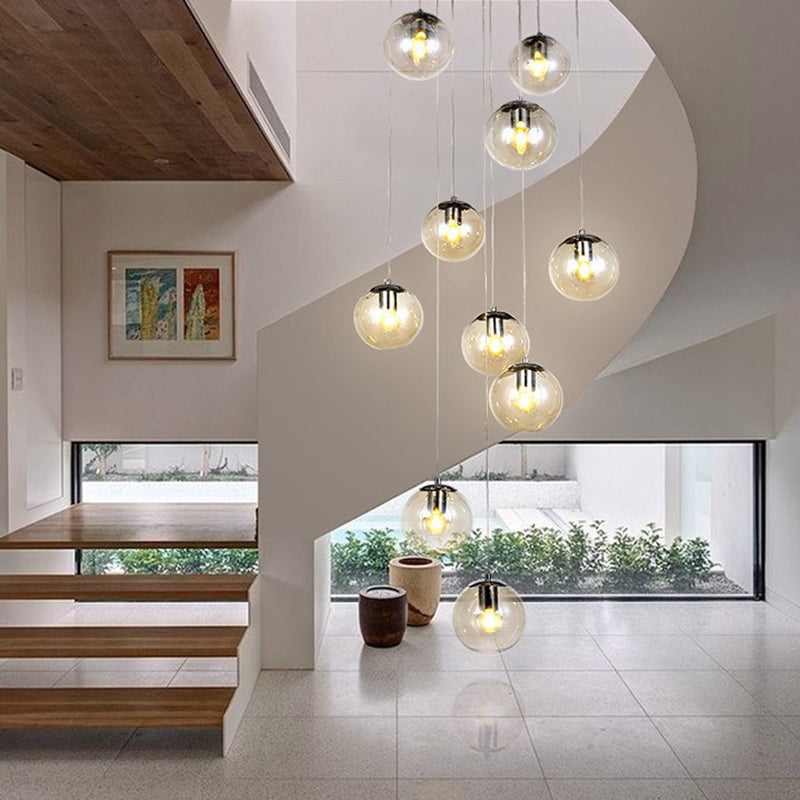 Cognac Glass Globe Techo Costilería moderna 10 cabezas colgantes de luz para escaleras de espiral