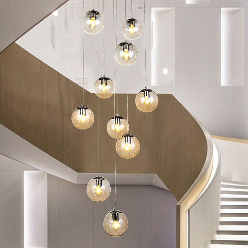 Cognac Glass Globe Techo Costilería moderna 10 cabezas colgantes de luz para escaleras de espiral