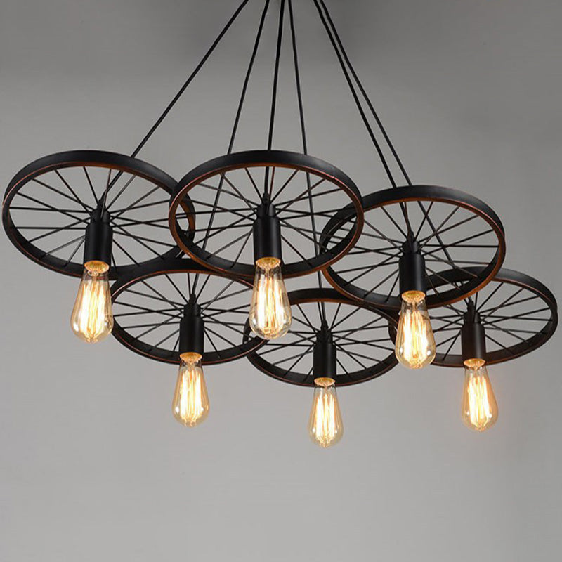 Wagon Wheel Industrial Style Hanging Light Retro Wrought Iron Pendant in Black