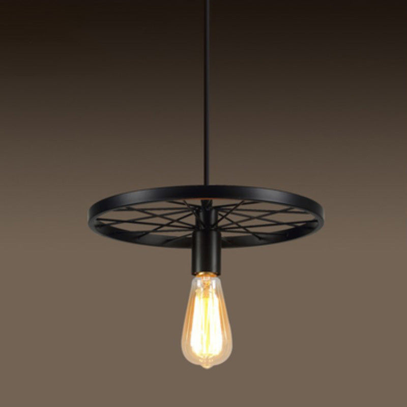 Wagon Wheel Industrial Style Hanging Light Retro Wrought Iron Pendant in Black