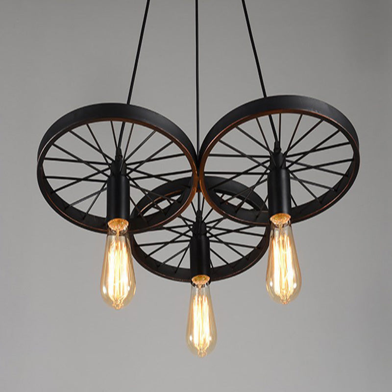 Wagon Wheel Industrial Style Hanging Light Retro Wrought Iron Pendant in Black