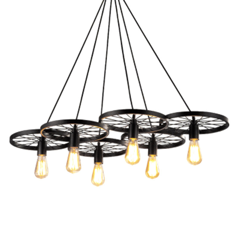 Wagon Wheel Industrial Style Hanging Light Retro Wrought Iron Pendant in Black