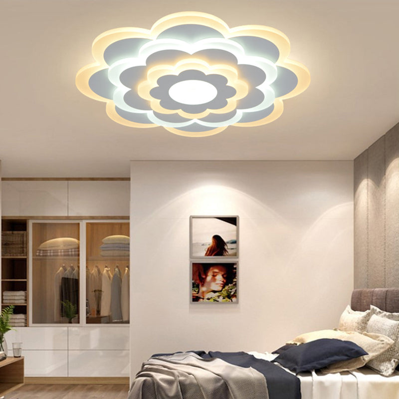 Flower Acrylic Ceiling Lighting Contemporary White 15"/19.5" Wide LED Flush Mount Lighting in Outer Warm Inner White Light