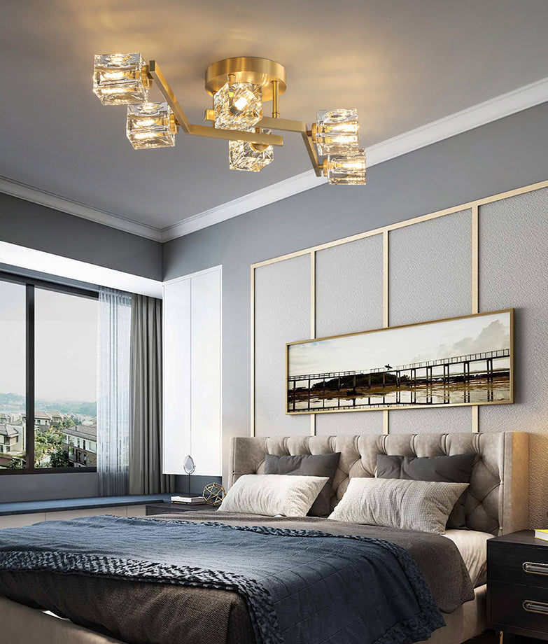 Modern Luxury Style LED Semi Flush Mount Polished Brass Indooe Ceiling Light with Crystal Shade