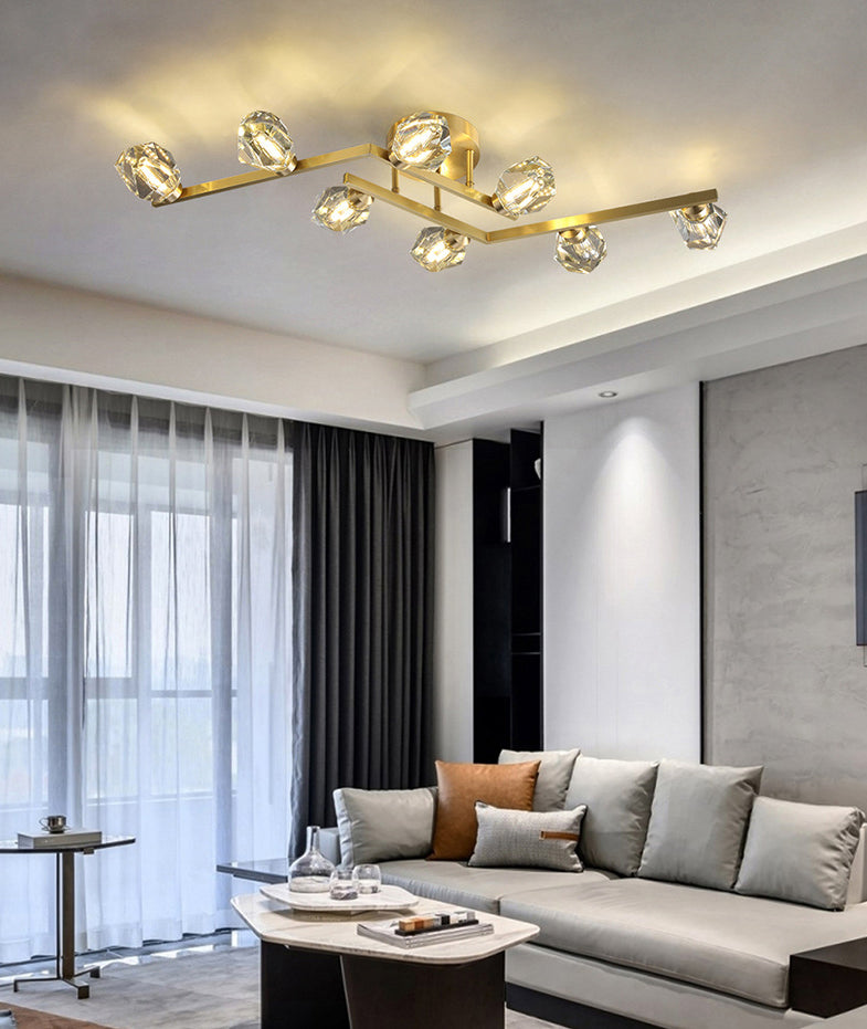 Modern Luxury Style LED Semi Flush Mount Polished Brass Indooe Ceiling Light with Crystal Shade