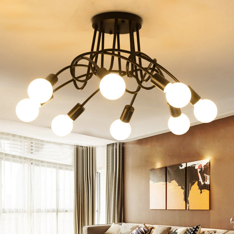 Exposed Bulb Semi Flush Ceiling Light in Industrial Creative Style Radial Wrought Iron Flush Mount for Dining Room