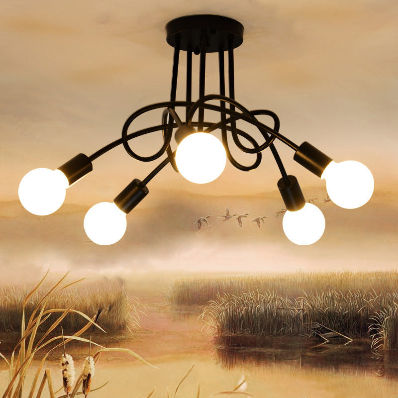 Exposed Bulb Semi Flush Ceiling Light in Industrial Creative Style Radial Wrought Iron Flush Mount for Dining Room