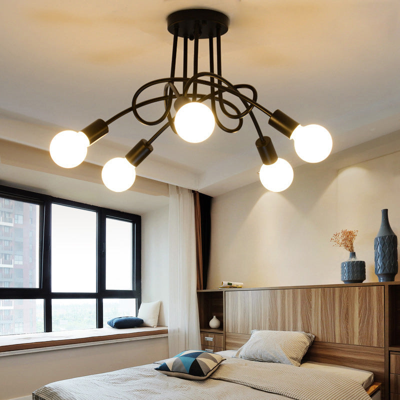 Exposed Bulb Semi Flush Ceiling Light in Industrial Creative Style Radial Wrought Iron Flush Mount for Dining Room