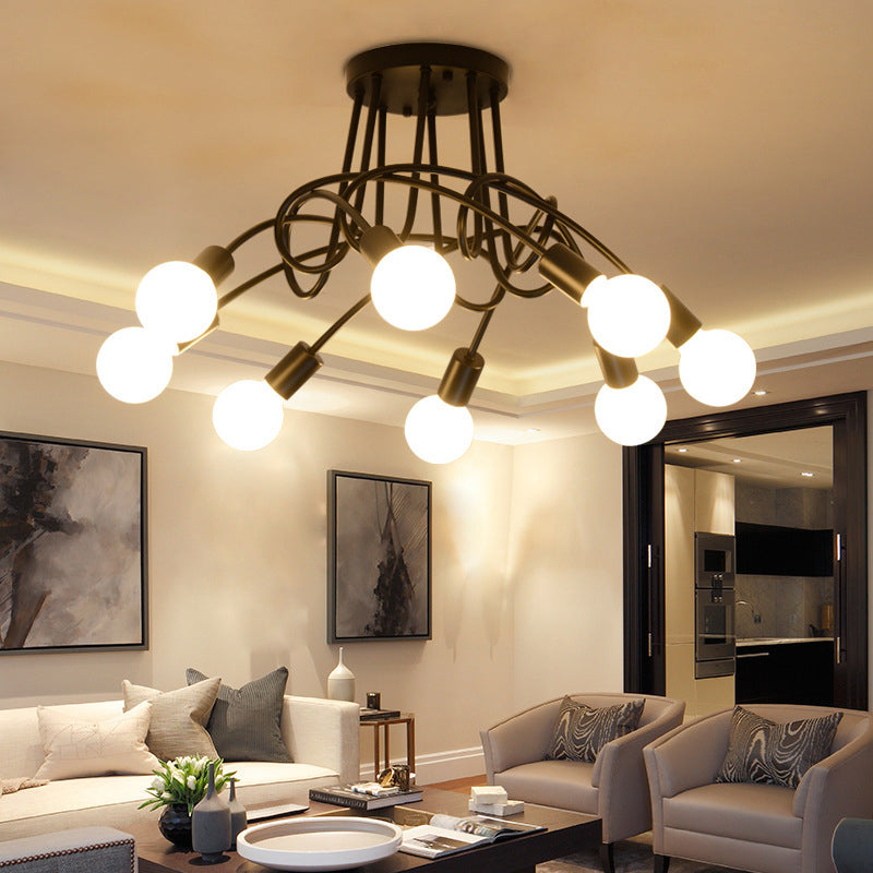 Exposed Bulb Semi Flush Ceiling Light in Industrial Creative Style Radial Wrought Iron Flush Mount for Dining Room