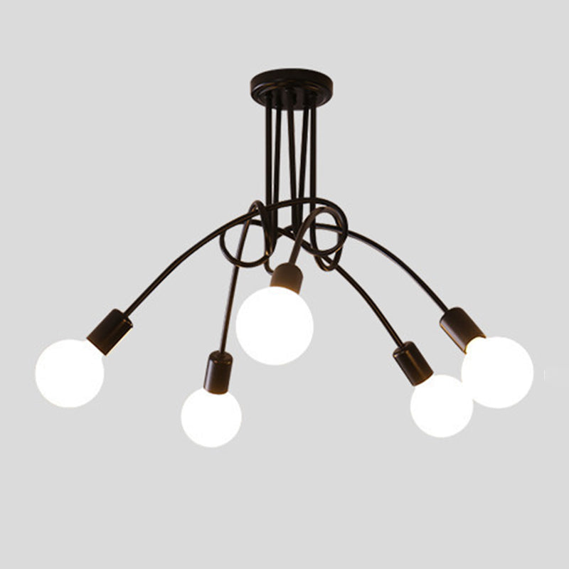 Exposed Bulb Semi Flush Ceiling Light in Industrial Creative Style Radial Wrought Iron Flush Mount for Dining Room