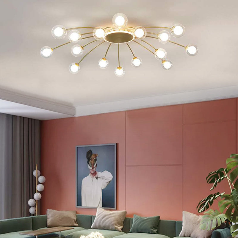 Glass Shade LED Semi Flush Mount in Modern Creative Style Sputnik Metal Ceiling Light in Gold