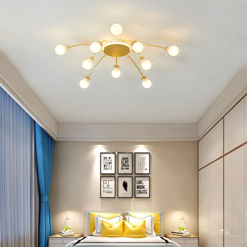 Glass Shade LED Semi Flush Mount in Modern Creative Style Sputnik Metal Ceiling Light in Gold