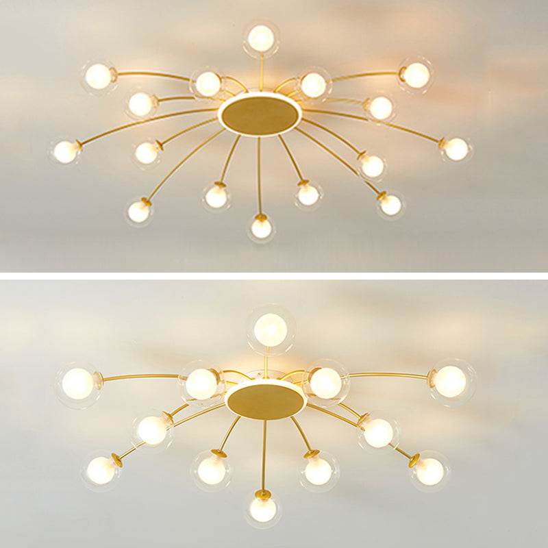 Glass Shade LED Semi Flush Mount in Modern Creative Style Sputnik Metal Ceiling Light in Gold