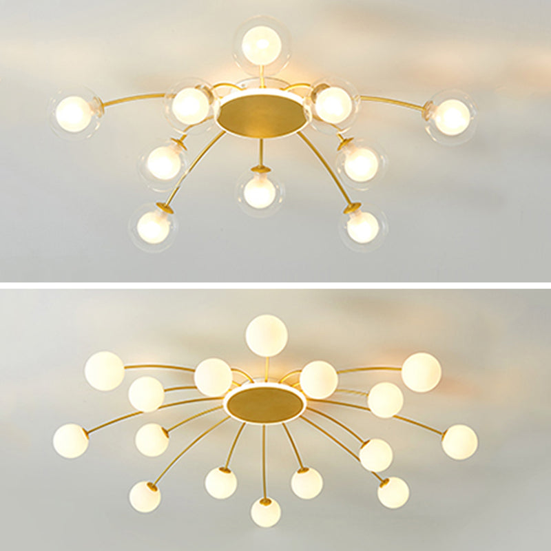 Glass Shade LED Semi Flush Mount in Modern Creative Style Sputnik Metal Ceiling Light in Gold