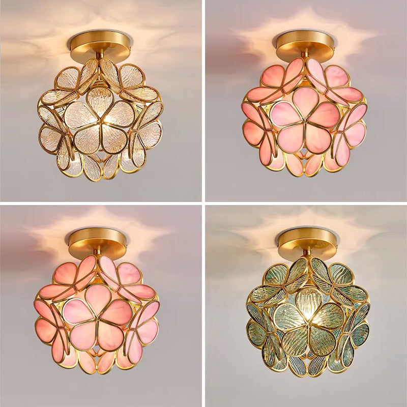 Traditional Flower-shaded Flush Mount Lighting Fixtures Glass Semi Flush Light