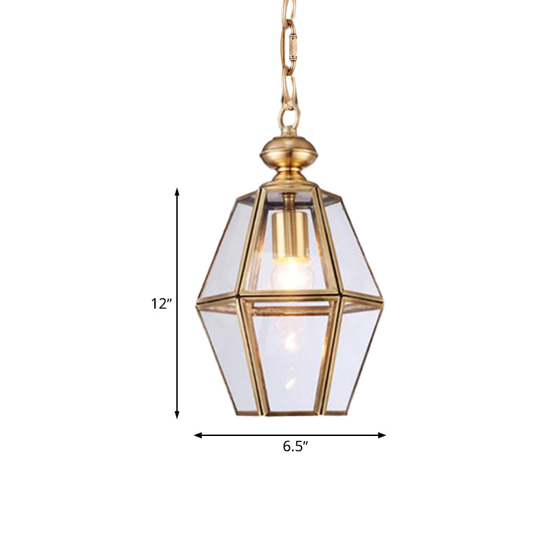 1 Bulb Ceiling Pendant Light Colonialism Living Room Hanging Lamp with Geometric Clear/Yellow Glass Shade