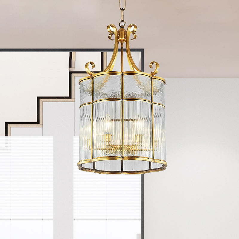 22 "/23" H 4 lampen cilinder hanger lamp koloniaal goud helder prismatisch glas kroonluchter lichtbarmsel voor woonkamer