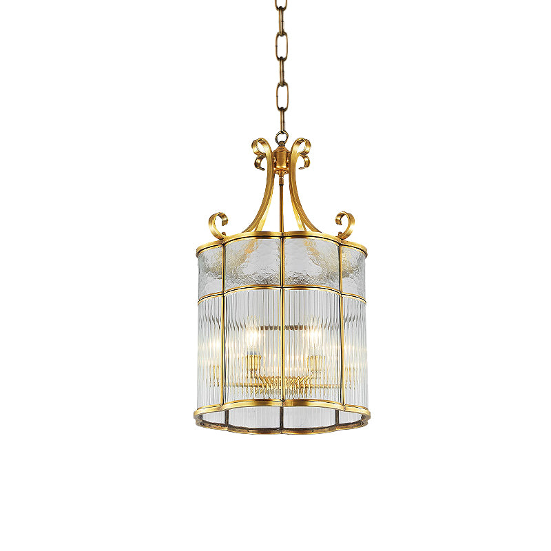 22 "/ 23" H 4 Bulbes Cylindre suspendu Colonial Gold Prismatic Prismatic Glass Chandelier Lightture pour le salon