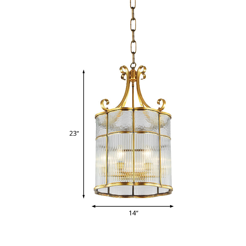 22"/23" H 4 Bulbs Cylinder Pendant Lamp Colonial Gold Clear Prismatic Glass Chandelier Light Fixture for Living Room