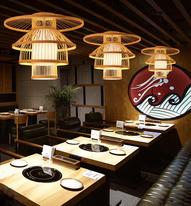 Luminaires d'éclairage pendentif chinois en bambou léger avec cordon suspendu pour restaurant