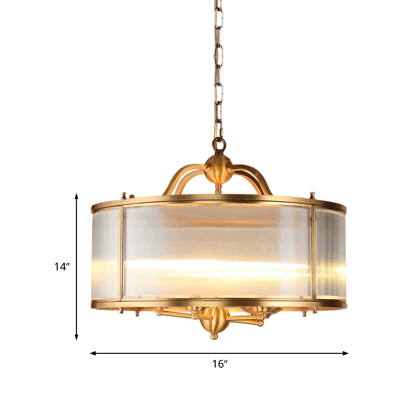 Drum Kitchen Ceiling Chandelier Colonial Frosted Ribbed Glass 4/5 Heads Gold Hanging Light Fixture