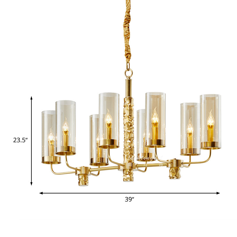 Gold 8 Heads Chandelier Lighting Colonialism Clear Glass Cylinder Pendant Ceiling Light