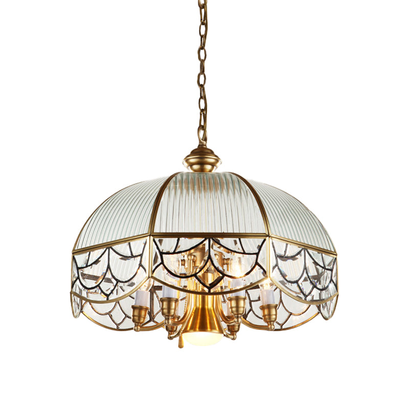 Colonial Scalloped Hanging Pendant 7 Heads Frosted Prismatic Glass Suspended Lighting Fixture in Brass