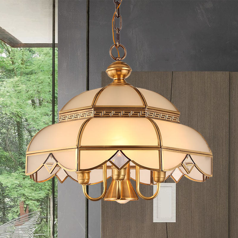 Brass 5 Heads Chandelier Lighting Colonialism Cream Glass Dome Pendant Ceiling Light for Dining Room