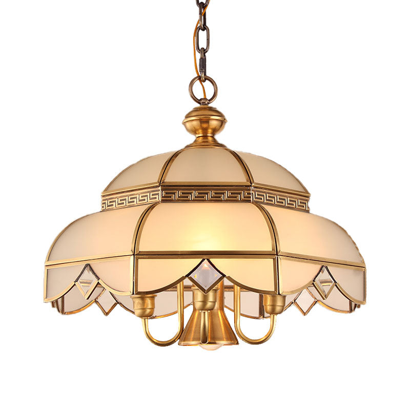 Brass 5 Heads Chandelier Lighting Colonialism Cream Glass Dome Pendant Ceiling Light for Dining Room