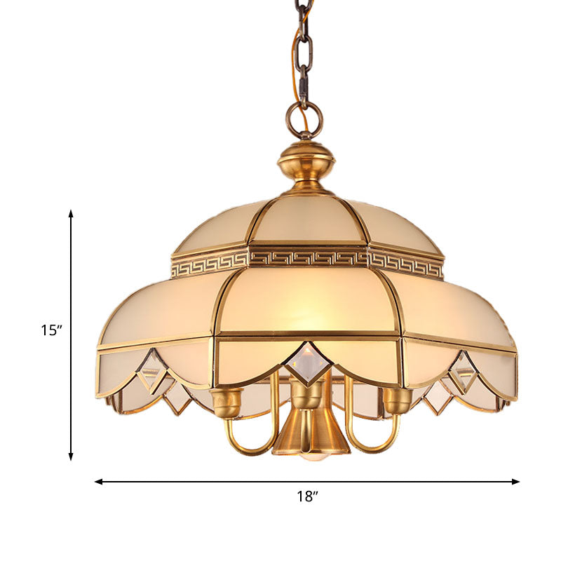 Messing 5 koppen kroonluchter verlichting kolonialisme crème glazen koepel hanger plafondlicht voor eetkamer