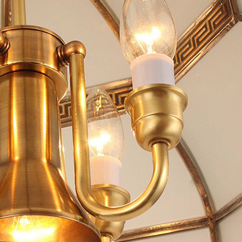 Brass 5 Heads Chandelier Lighting Colonialism Cream Glass Dome Pendant Ceiling Light for Dining Room