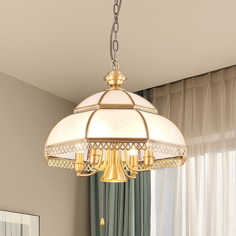 Milchglas Dome Kronleuchter Lampe Kolonial 5 Köpfe Schlafzimmer Anhängerleuchte in Messing