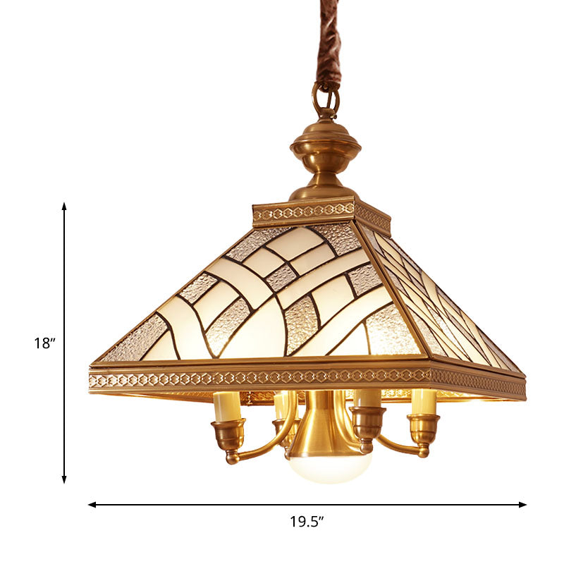 Lampadario in ottone in vetro smerigliato piramide a 5 luci colonialismo giù per il ciondolo di illuminazione per tavolo da pranzo