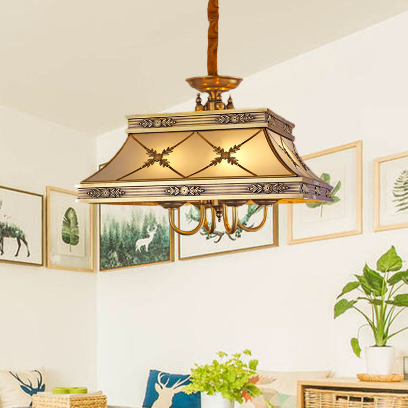 Colonial Trapezoid Hanging Pendant 4 Heads Sandblasted Glass Chandelier Lighting Fixture in Brass