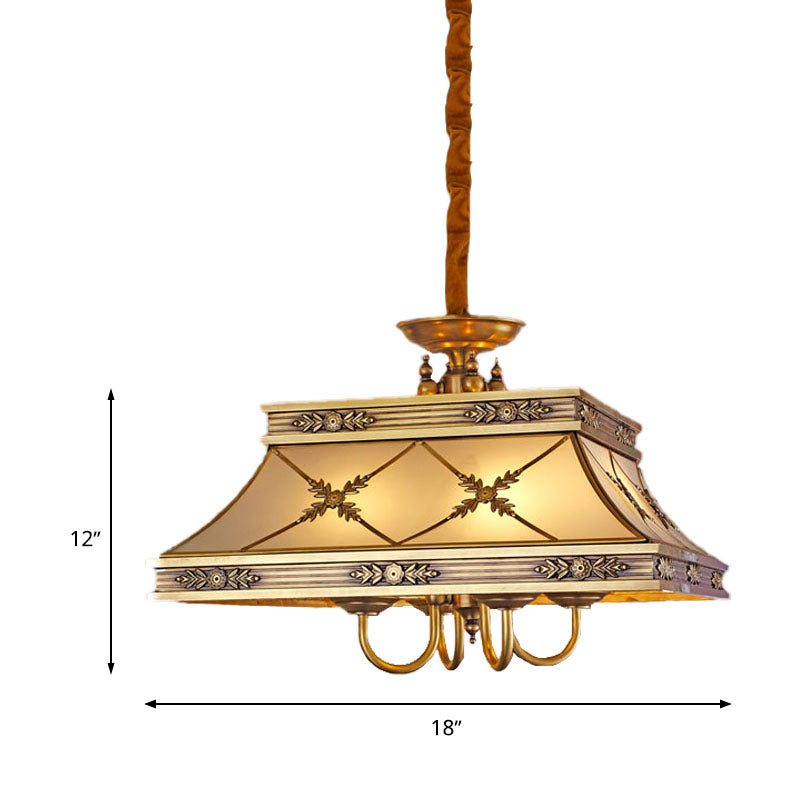 Colonial Trapezoid Hanging Pendant 4 Heads Sandblasted Glass Chandelier Lighting Fixture in Brass