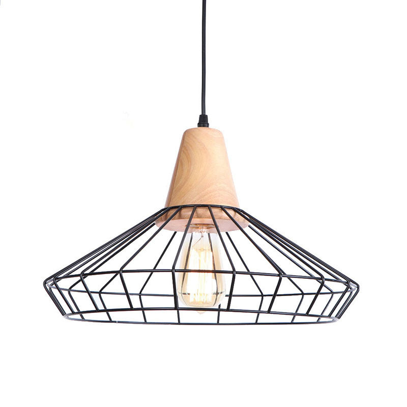 Black Iron Cage Wooden Hanging Light Vintage Industrial Style Suspension Lamp for Aisle Corridor