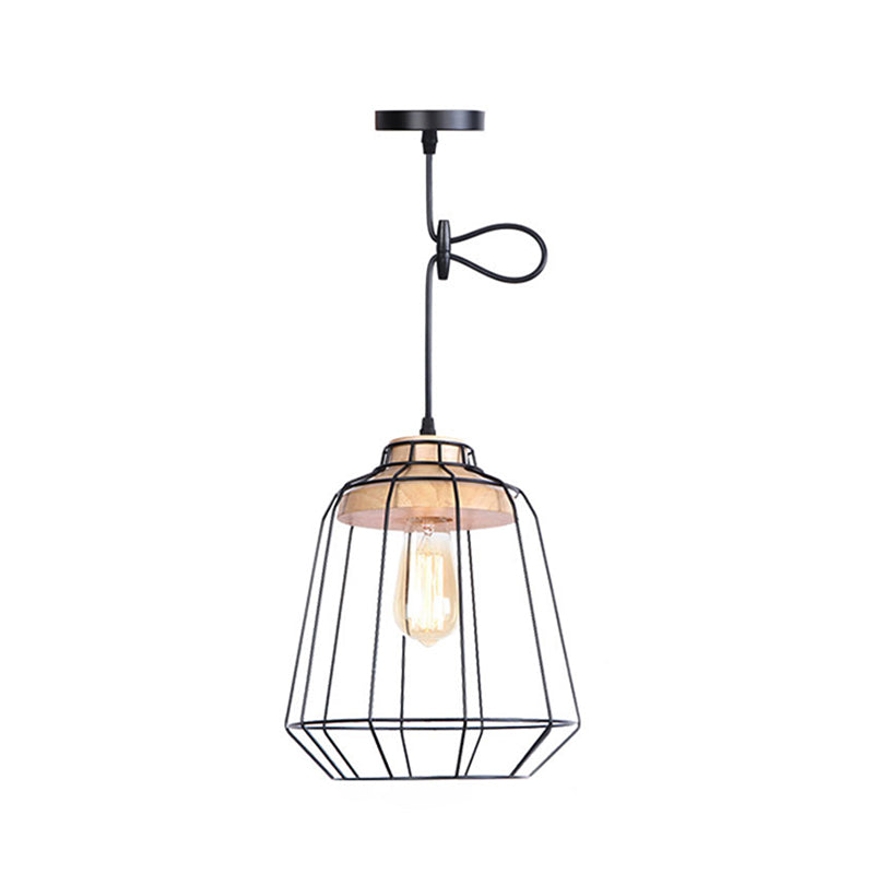 Black Iron Cage Wooden Hanging Light Vintage Industrial Style Suspension Lamp for Aisle Corridor