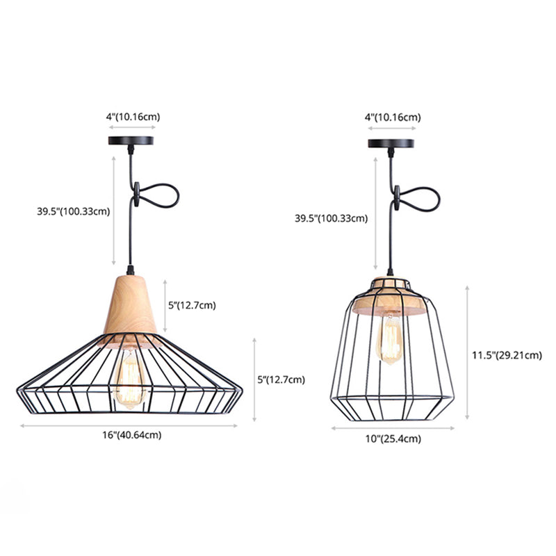 Black Iron Cage en bois Hanging Light Vintage Industrial Style Suspension Lampe pour le couloir de l'allée