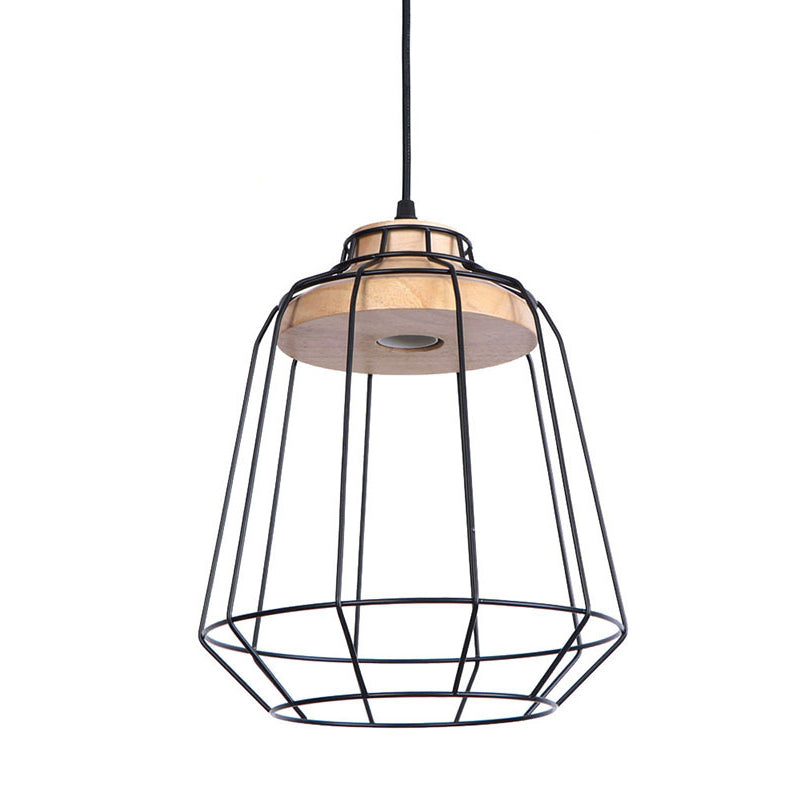 Black Iron Cage en bois Hanging Light Vintage Industrial Style Suspension Lampe pour le couloir de l'allée