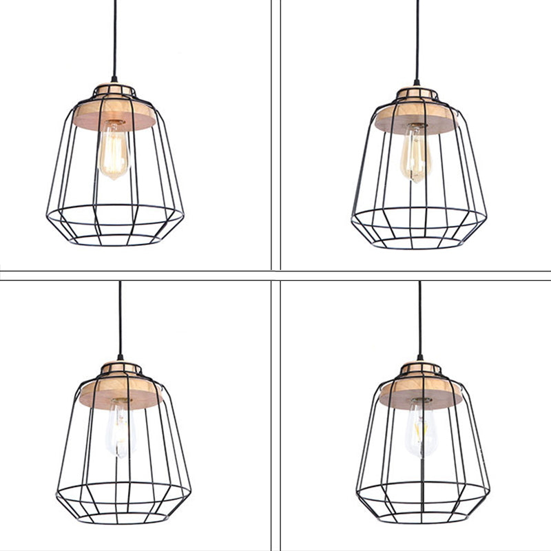 Black Iron Cage en bois Hanging Light Vintage Industrial Style Suspension Lampe pour le couloir de l'allée