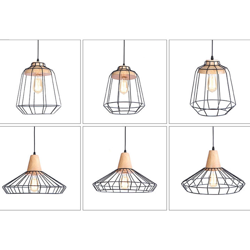 Black Iron Cage Wooden Hanging Light Vintage Industrial Style Suspension Lamp for Aisle Corridor