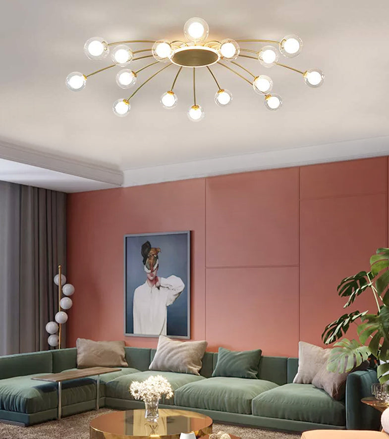 Glass Shade LED Semi Flush Mount in Modern Creative Style Sputnik Metal Ceiling Light in Gold