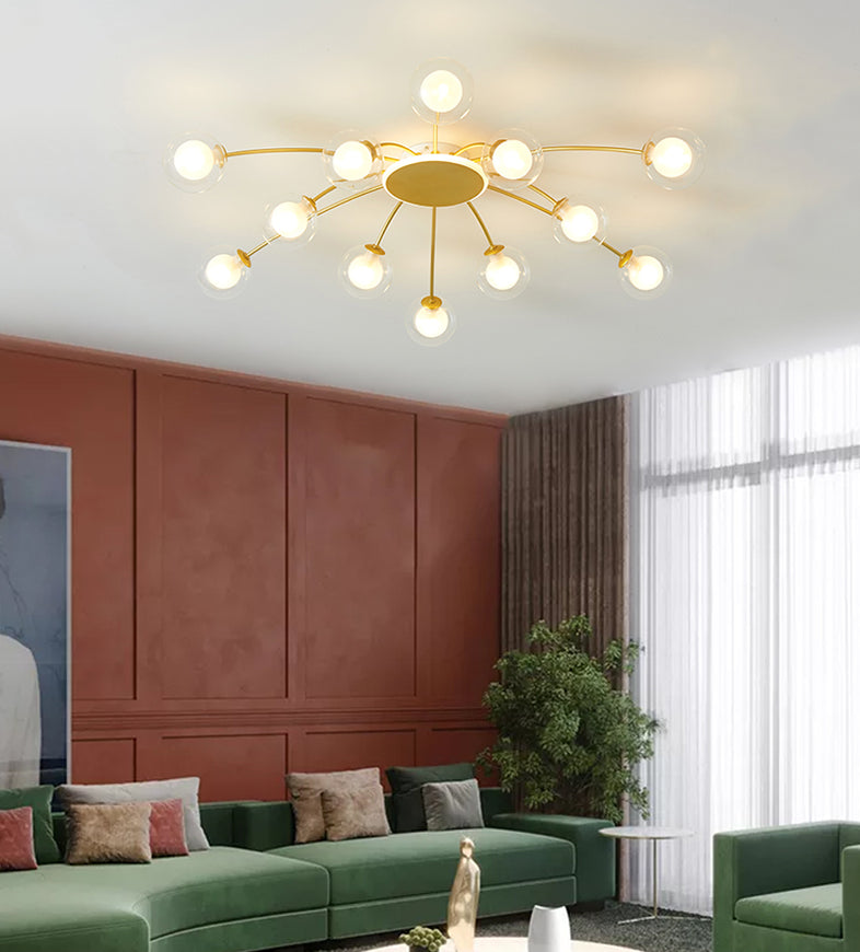 Glass Shade LED Semi Flush Mount in Modern Creative Style Sputnik Metal Ceiling Light in Gold