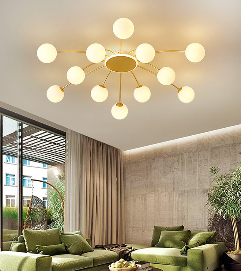 Glass Shade LED Semi Flush Mount in Modern Creative Style Sputnik Metal Ceiling Light in Gold