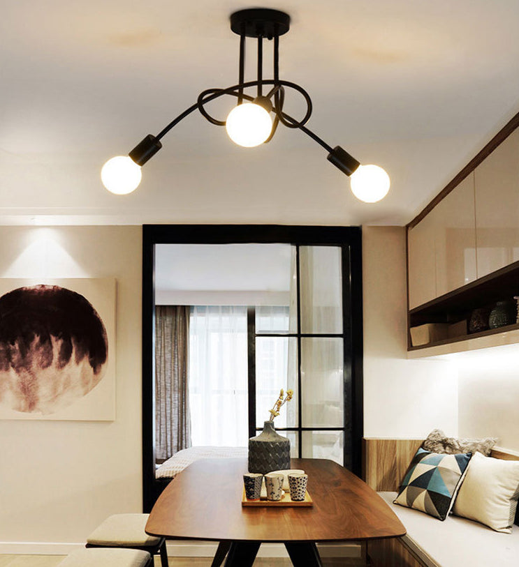 Exposed Bulb Semi Flush Ceiling Light in Industrial Creative Style Radial Wrought Iron Flush Mount for Dining Room