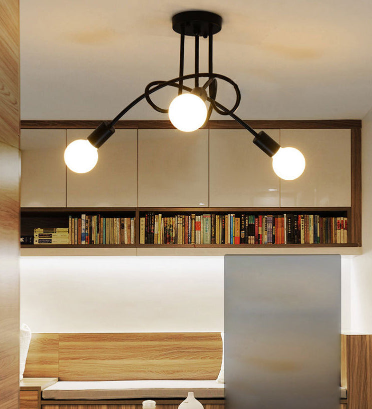 Exposed Bulb Semi Flush Ceiling Light in Industrial Creative Style Radial Wrought Iron Flush Mount for Dining Room