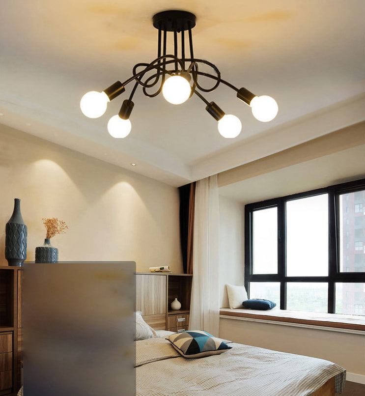 Exposed Bulb Semi Flush Ceiling Light in Industrial Creative Style Radial Wrought Iron Flush Mount for Dining Room