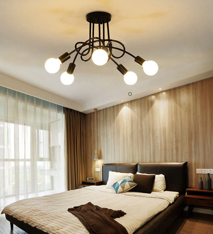 Exposed Bulb Semi Flush Ceiling Light in Industrial Creative Style Radial Wrought Iron Flush Mount for Dining Room