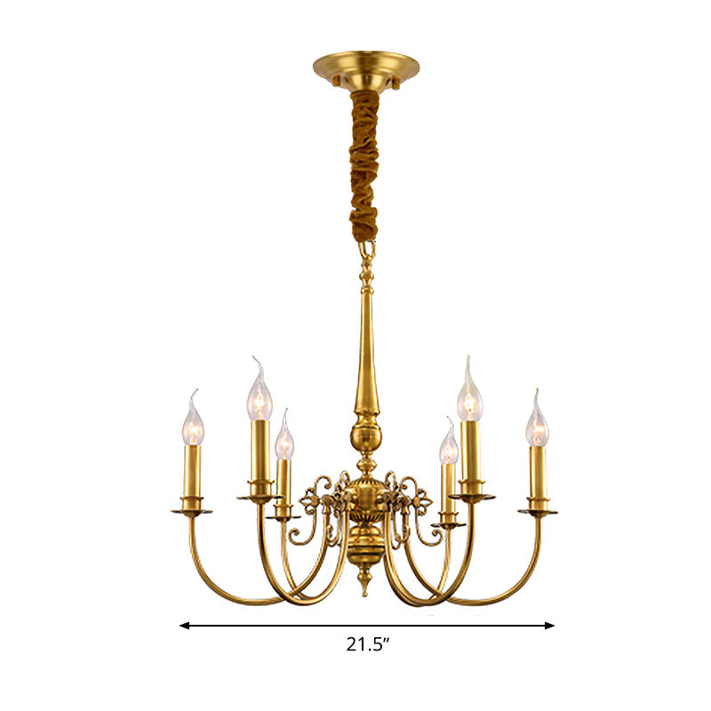 Metal Arched Arm Chandelier Light Fixture Colonialist 6 Lights Living Room Ceiling Pendant in Gold