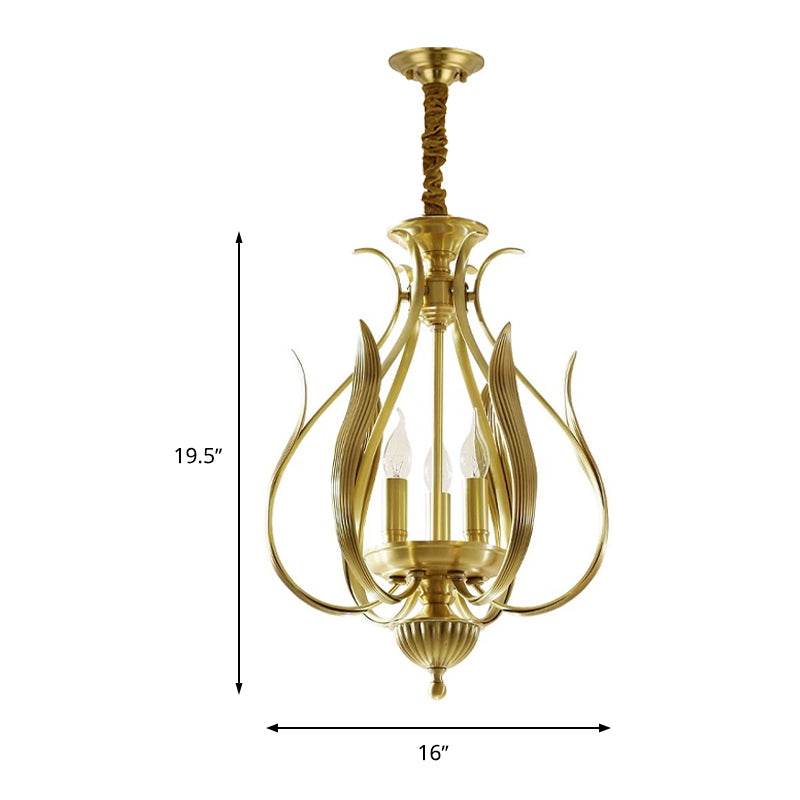 3 Bulbs Candle Hanging Chandelier Colonial Gold Metal Ceiling Suspension Lamp for Restaurant